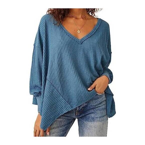 Free People Women's Blue Long Sleeve Coraline Thermal Shirt Size XL NEW
